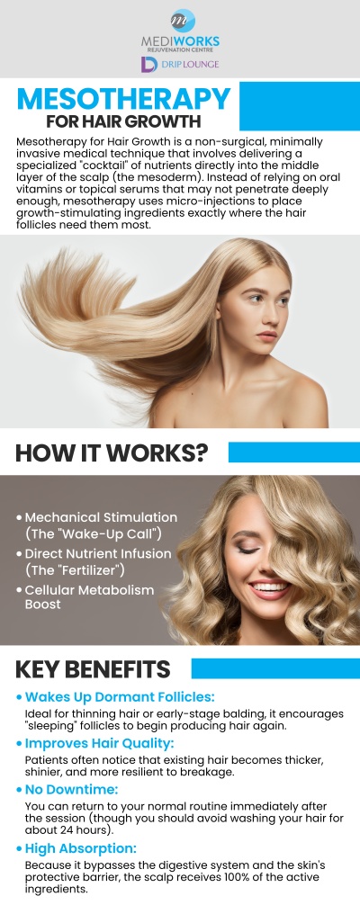 Mediworks Rejuvenation Centre and Drip Lounge offer mesotherapy for hair restoration, targeting hair loss with nutrient-rich microinjections. Stimulate natural growth and achieve fuller, healthier-looking hair. For more information contact us or request an appointment online. We are conveniently located at Unit #103 – 15222 32nd Avenue Diversion, Surrey, BC V3Z 0R8, Canada.